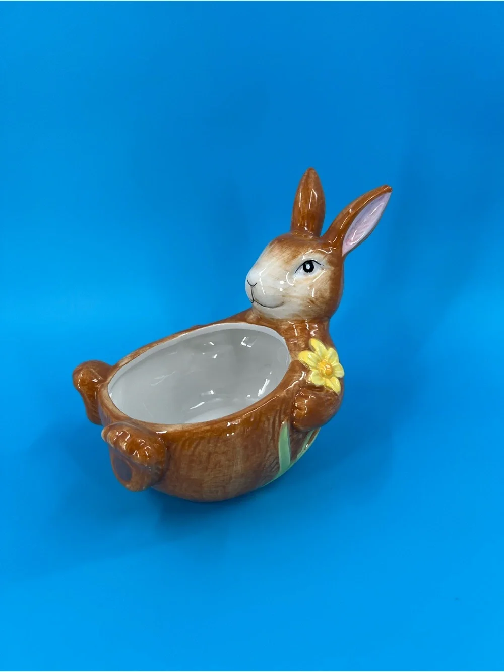 🎁Brown Bunny Ceramic food bowl or Planter with Yellow Flower