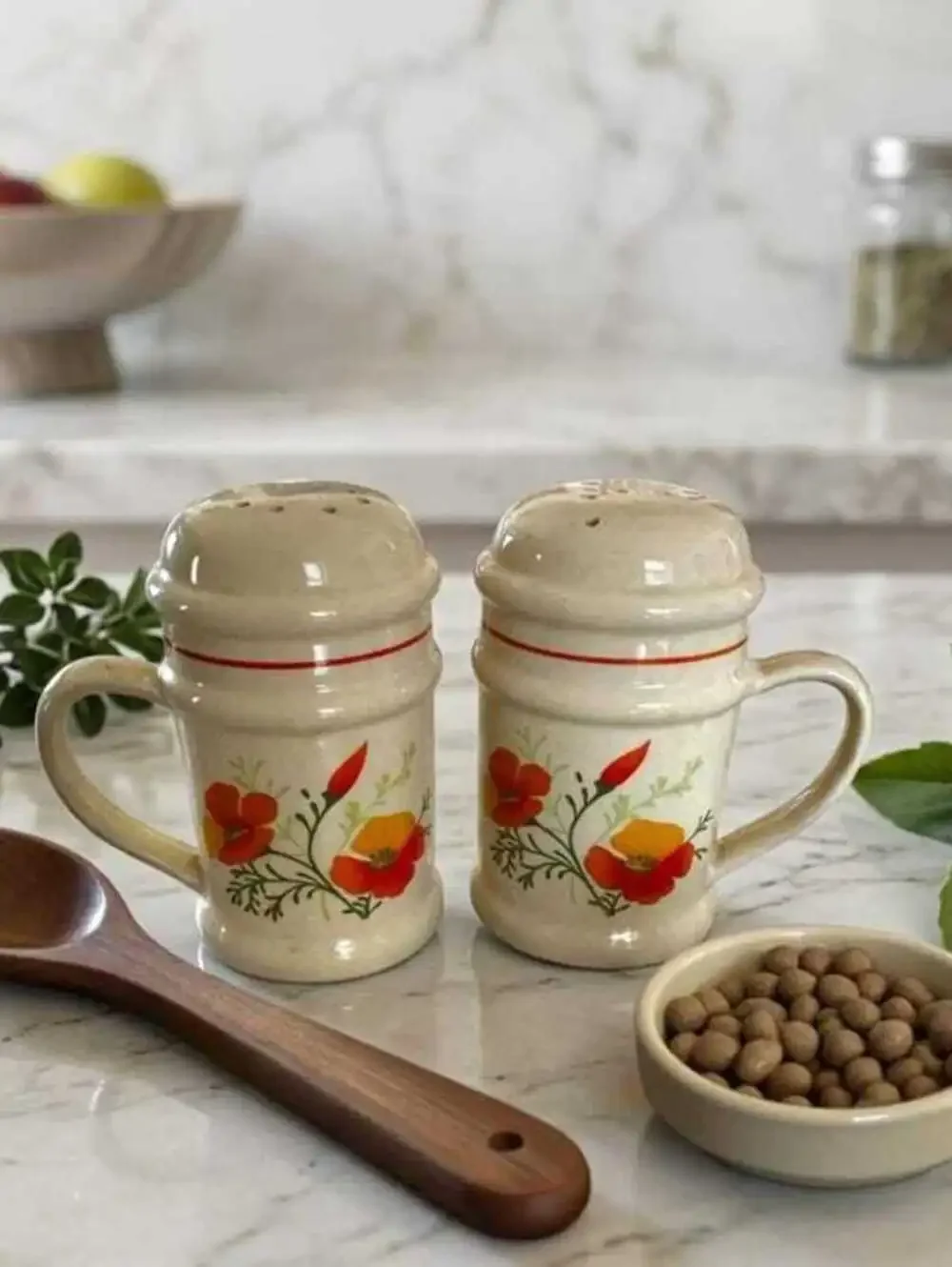 Salt & Pepper Shakers: Vintage California Poppy Stoneware (1970s Boho Style)