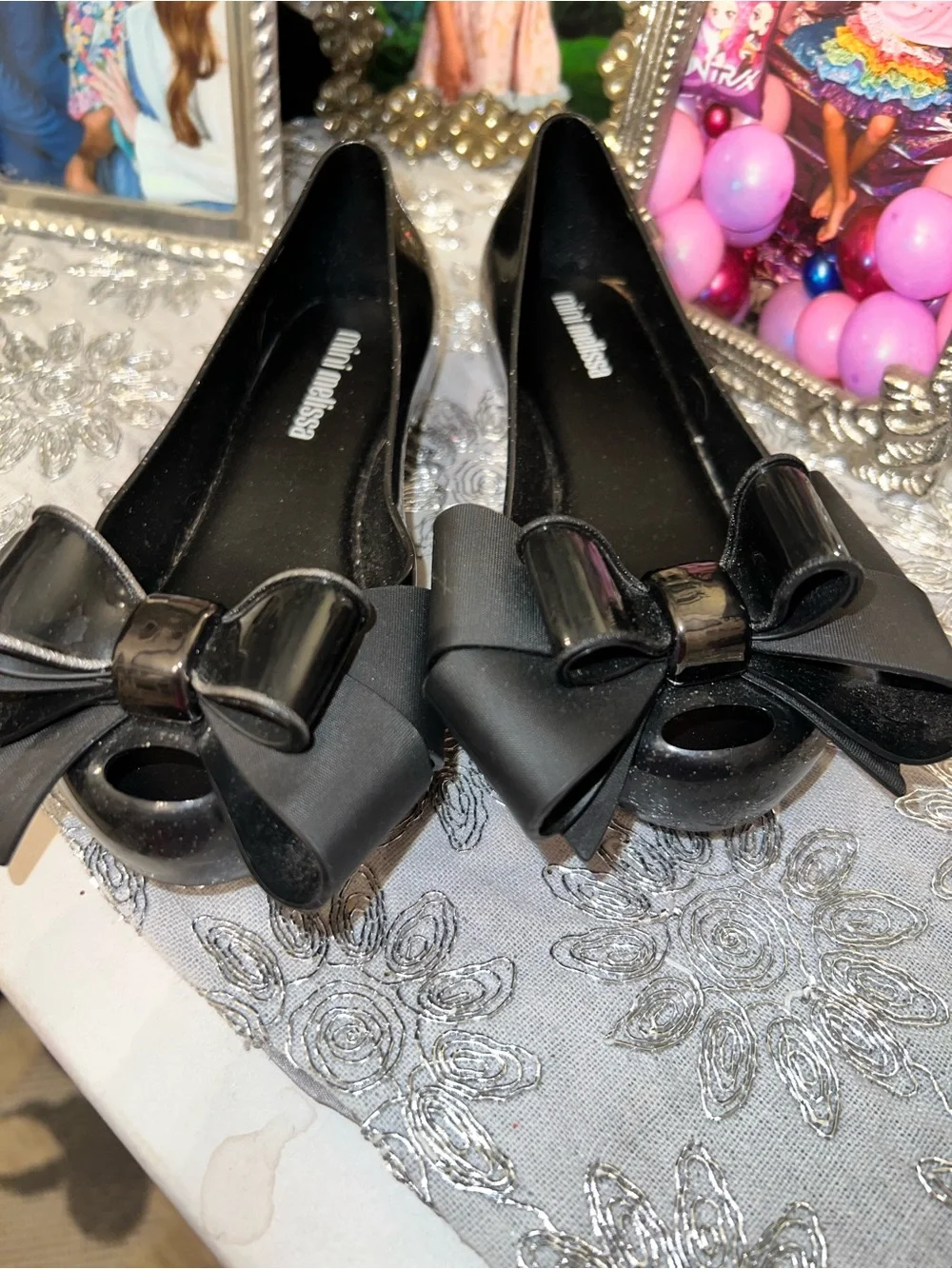 Mini Melissa Black Bow Jelly Flats with Gloss sparkle Accents