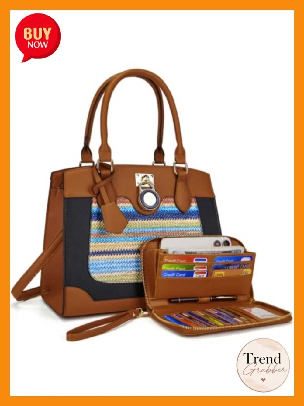 Vegan Leather Satchel Handbag & Wallet Set with RFID Blocking, Structured,
