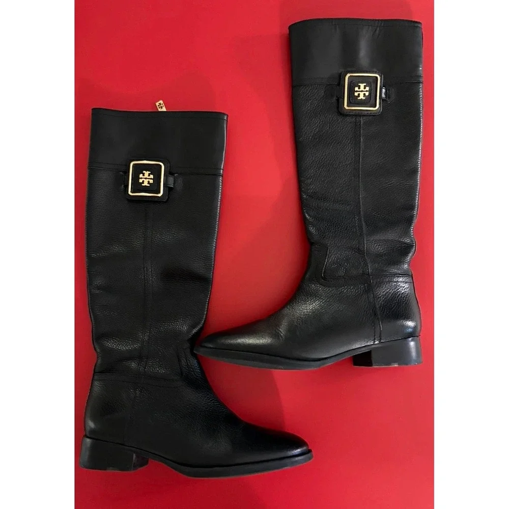 Tory Burch Julian Women's Black Leather Knee-High Riding Boots US 7.5 M Zip