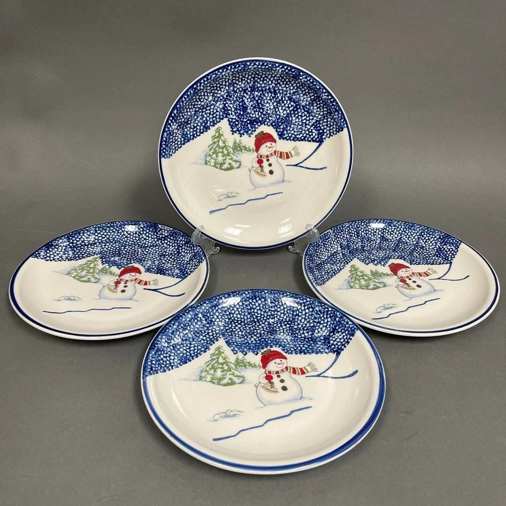 Thomson Pottery Dinner Plates Snowman Blue White‎ 10