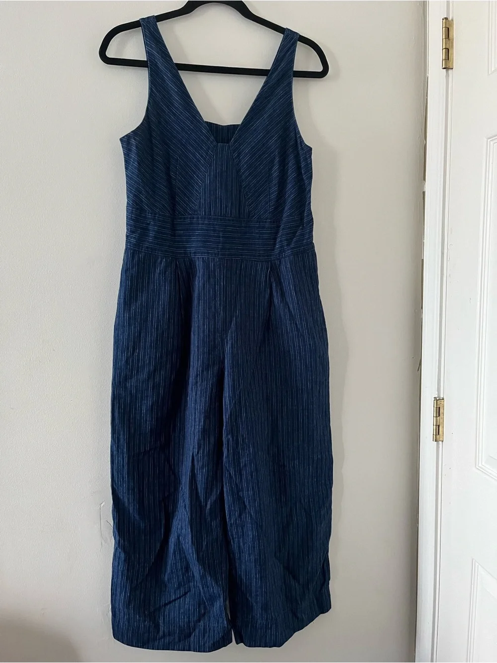 Banana Republic Linen Blend Navy Blue Pinstripe Wide Leg Jumpsuit 4P Coastal