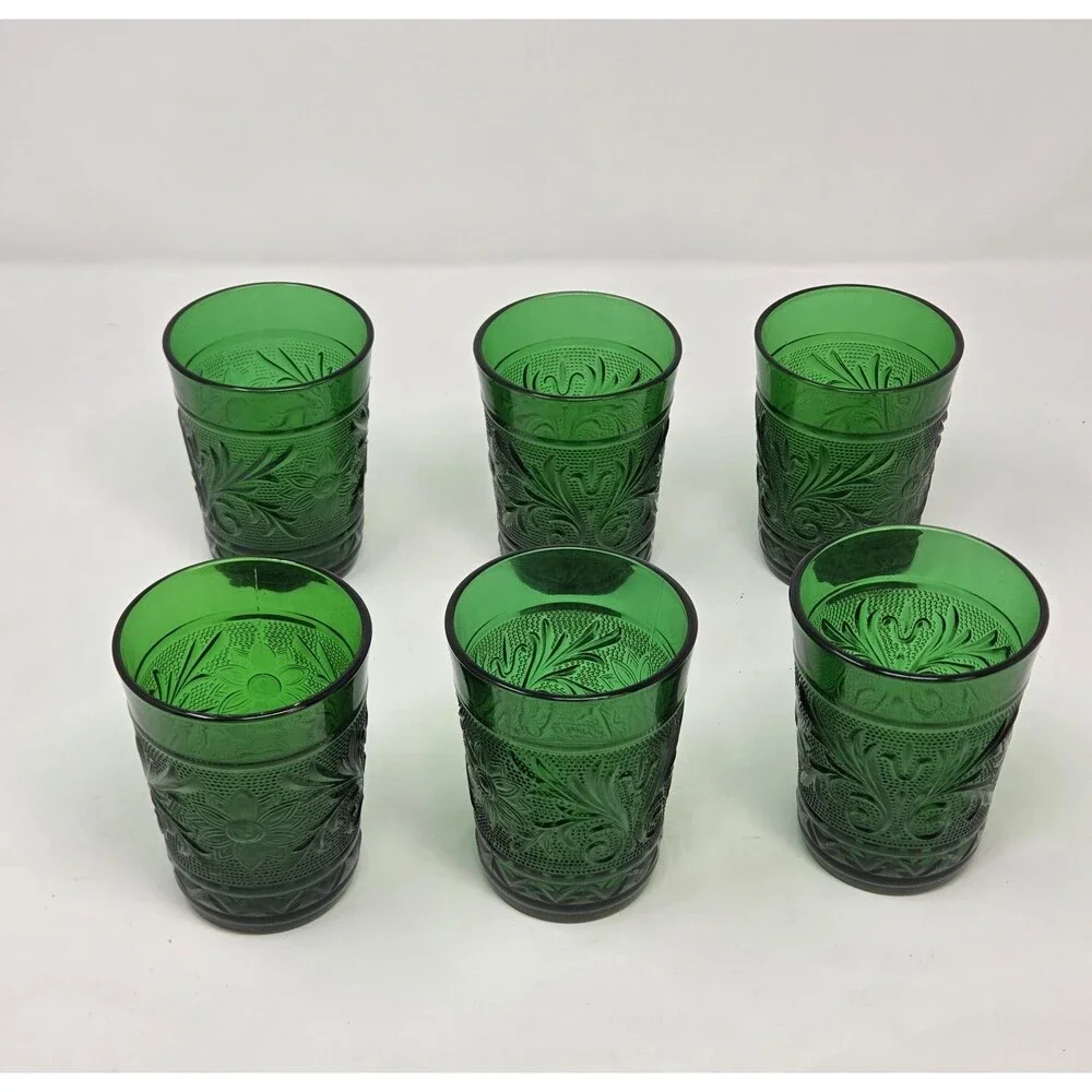 Anchor‎ Hocking Forest Green Sandwich Pattern Tumblers Set 6 Vintage 1950s Glass