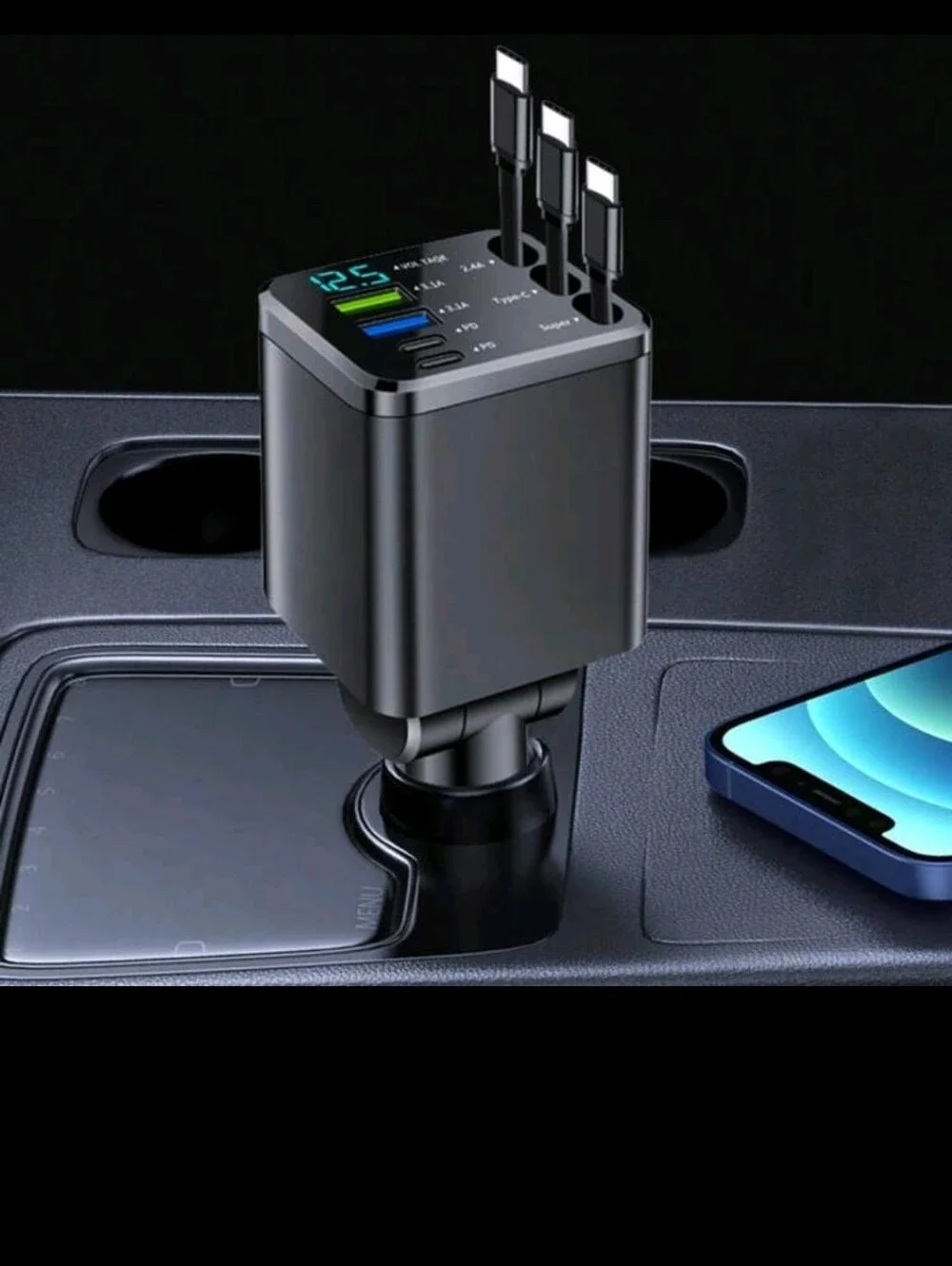 7in 1 Universal Black Car Charger with Multiple USB Ports and Digital Display