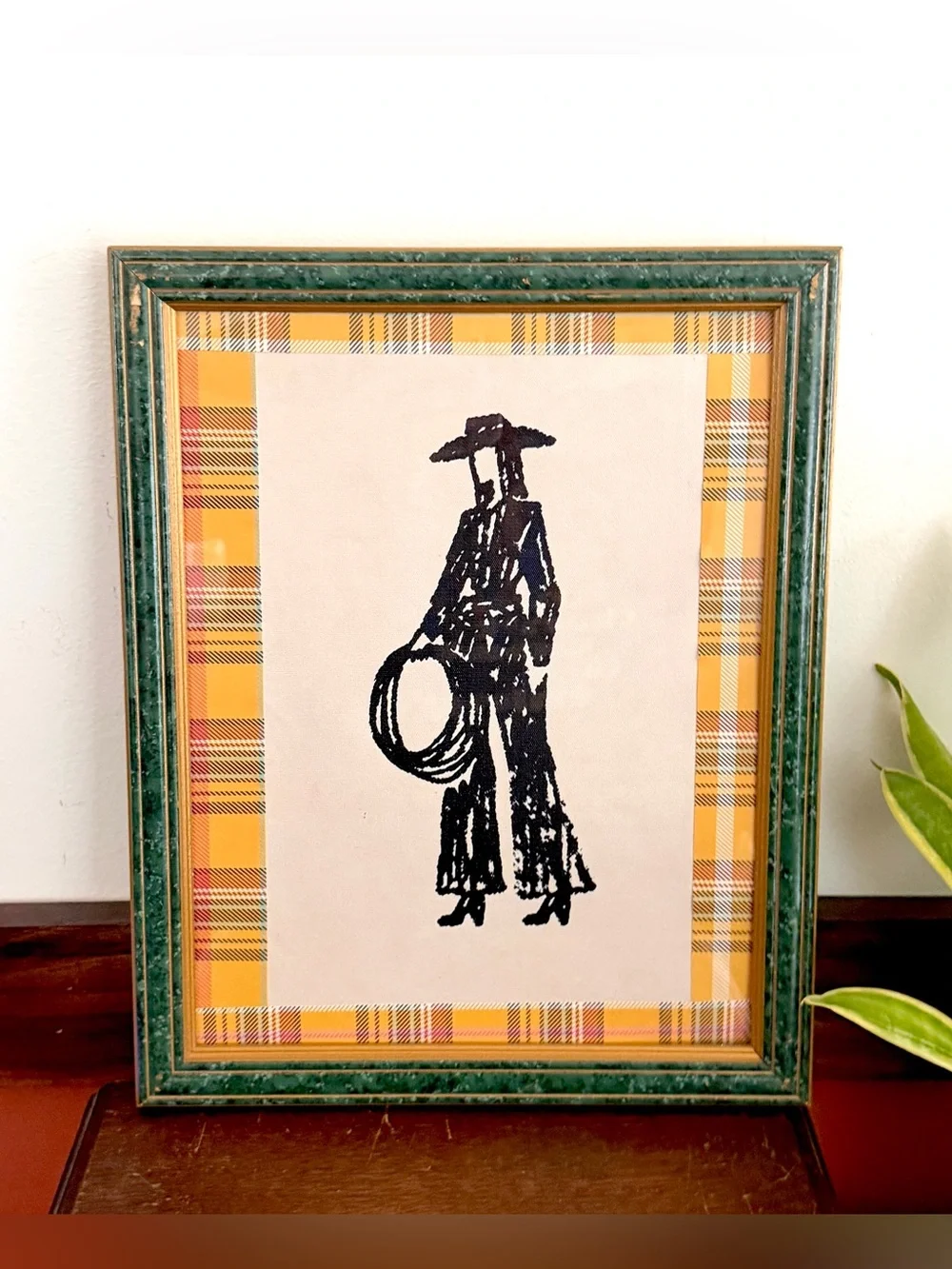 Cowgirl Line Drawing Rodeo Lasso Cowboy Hat Canvas Art Print Plaid Green Framed