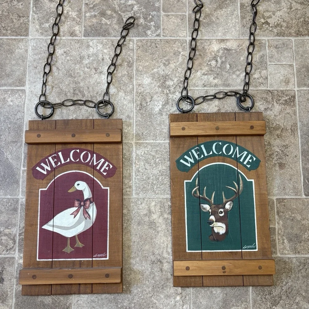 2 Vtg Hand Painted Signed Langelier Wood Plaques Buck Deer Goose 18x10 CabinCore