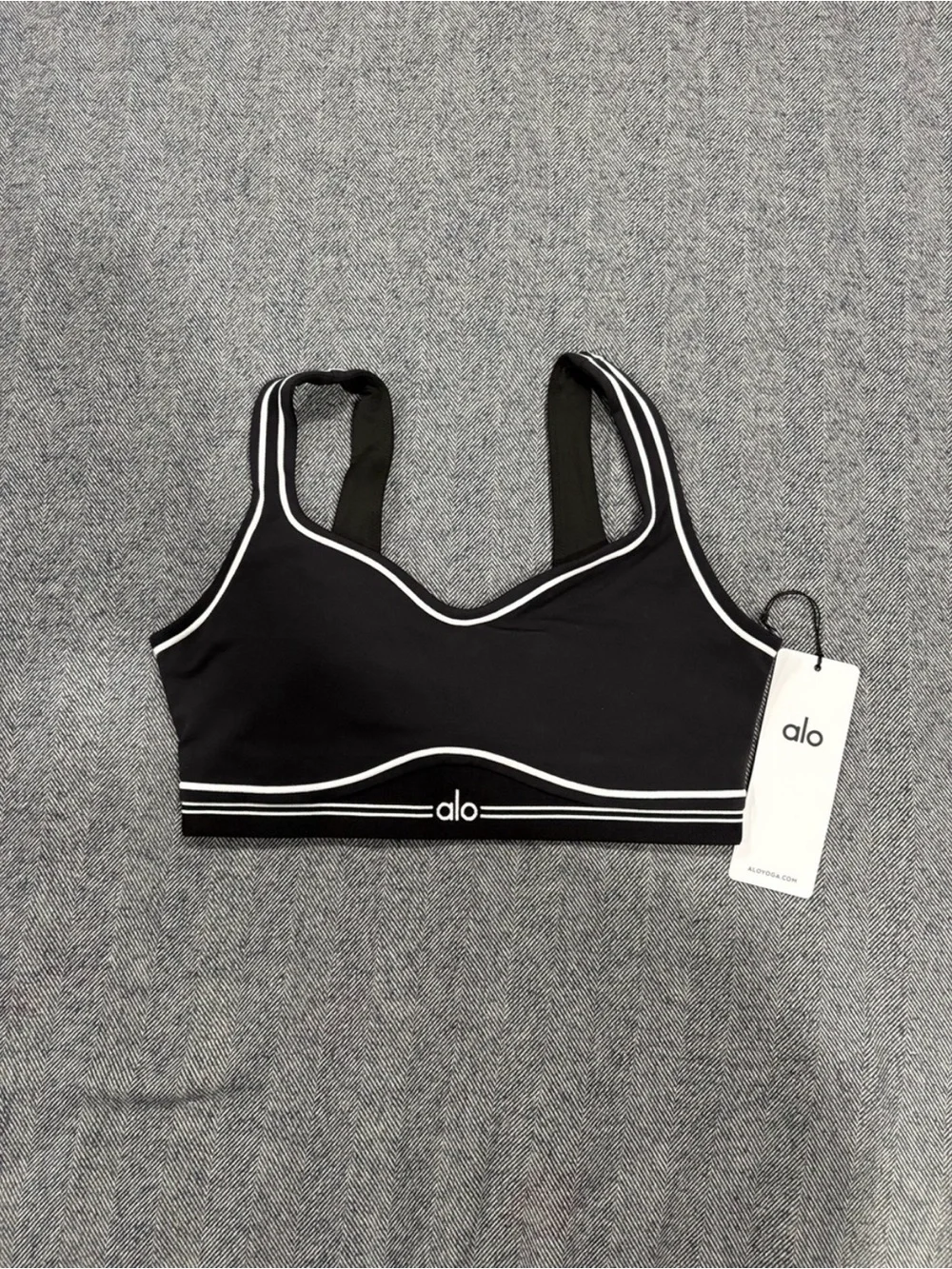 ALO Yoga Black Sports Bra with White Trim