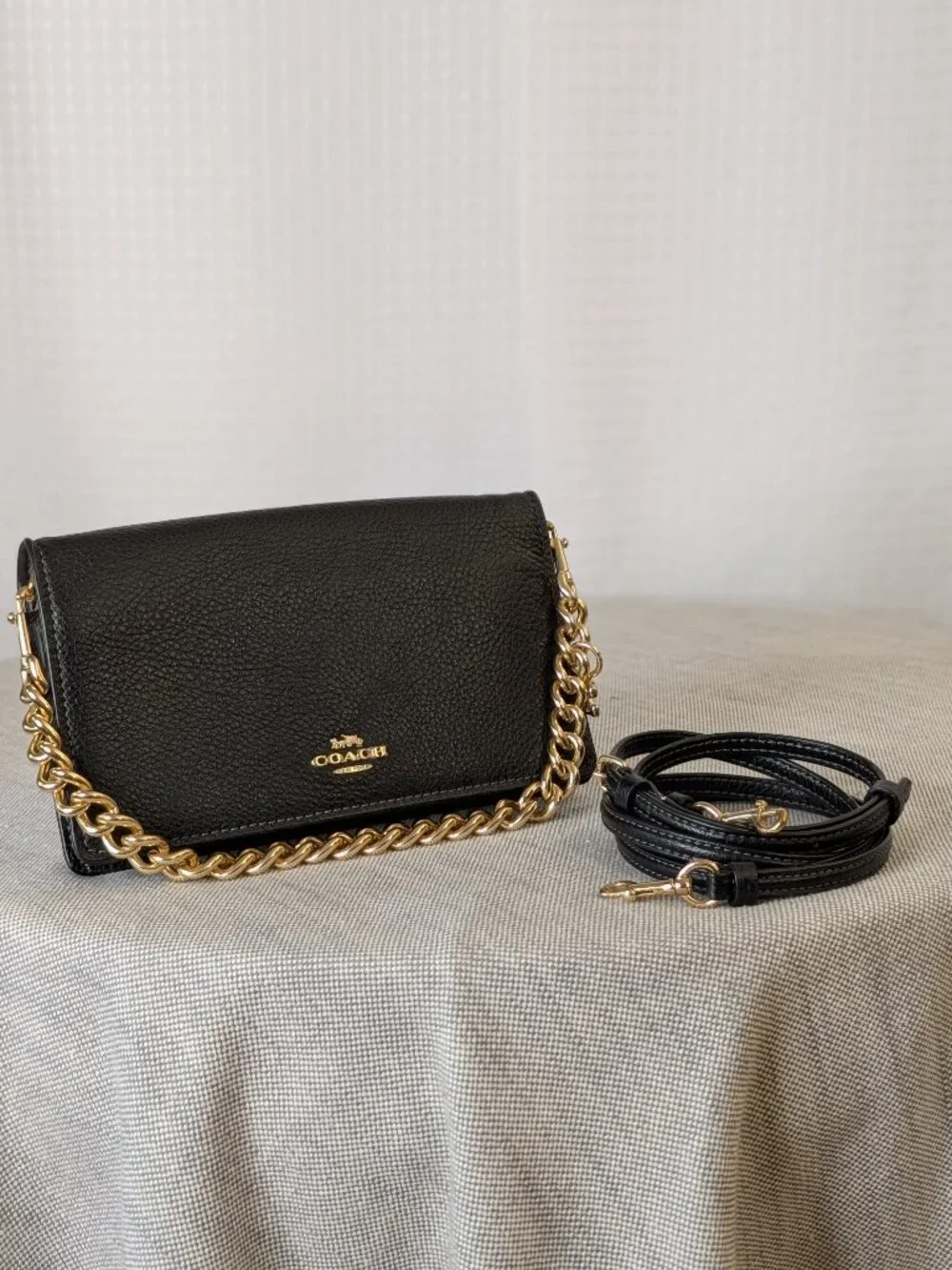 Coach Black Leather Crossbody Bag with Gold Chain
