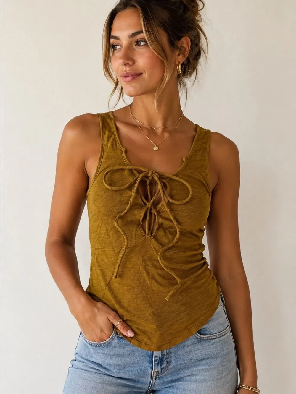Free People Brown Criss Cross Tie Tank Top. Size Small. Excellent Condition!