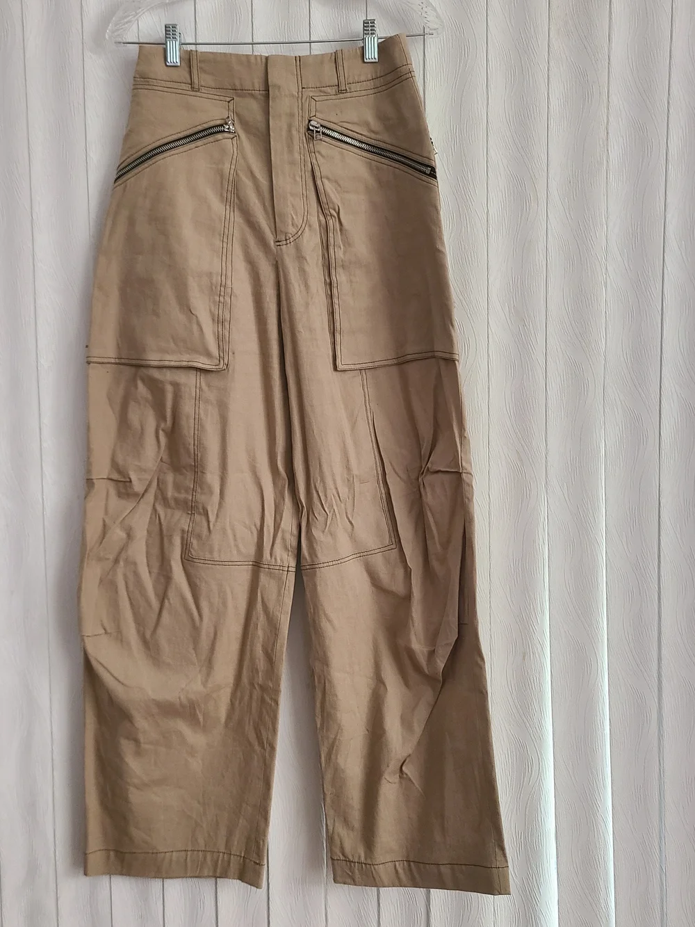 Zara Sz S Beige Exposed Zipper Pockets Wide Leg Casual Linen Blend Neutral Pant