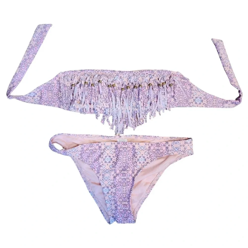 Ninety Five ° Swimsuit Bikini 2 piece Size Small Pink Orange Fringe Top