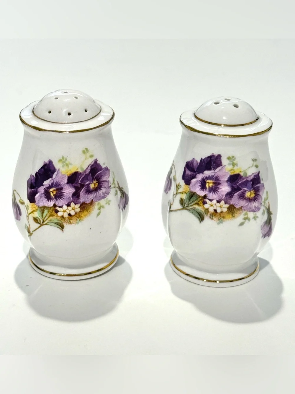 Vintage Floral Fine Bone China Salt and Pepper Shakers - Purple Pansies