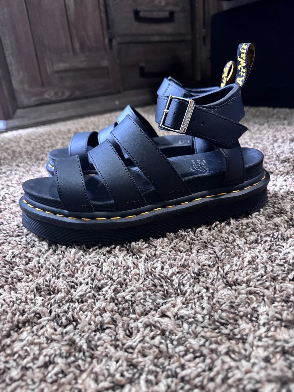 Dr. Martens AirWair Black Platform Sandals with Yellow Stitching