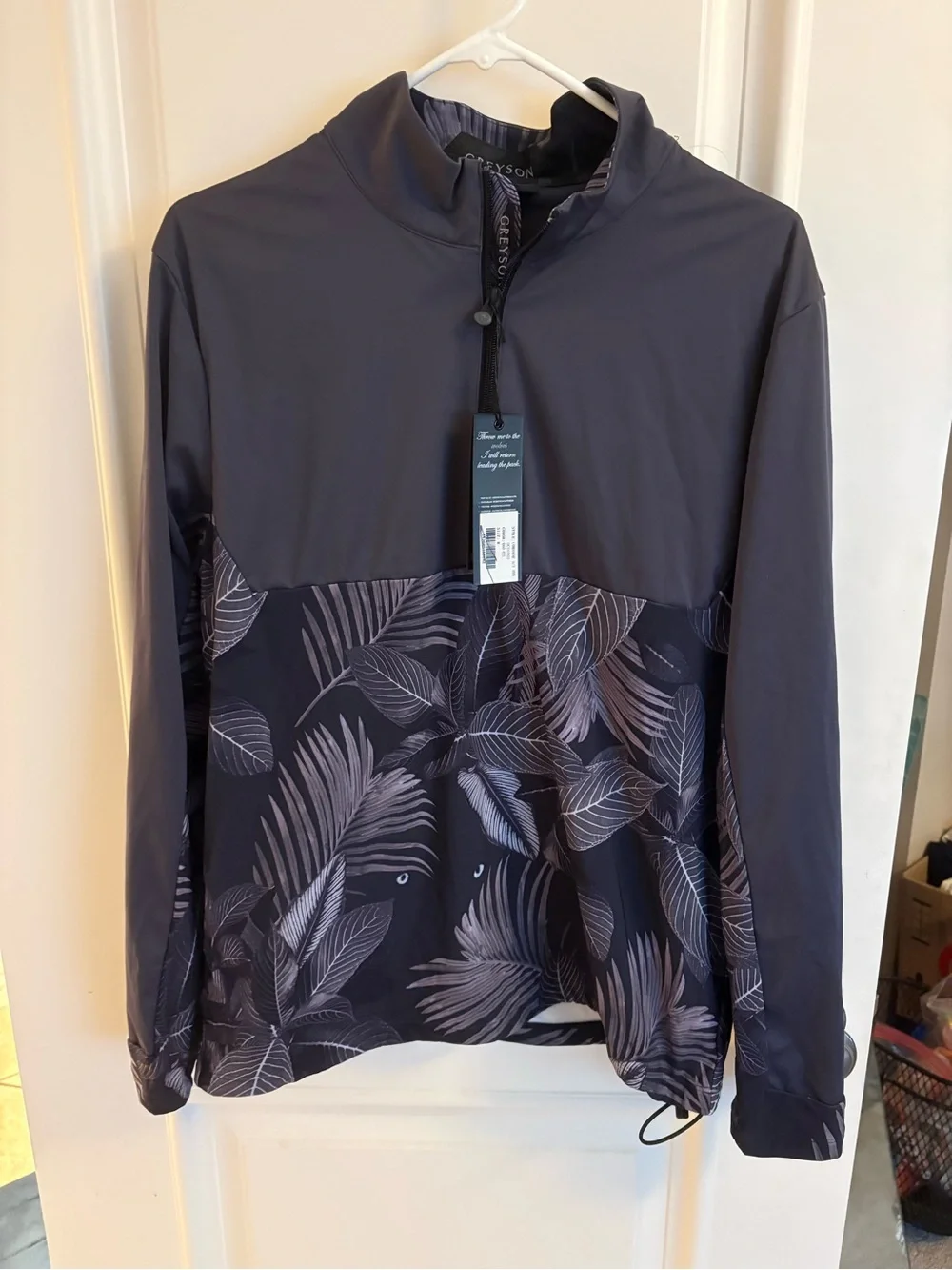 Greyson  Dark Gray Half-Zip Jacket with Wolf Eyes and Leaf Print NWT