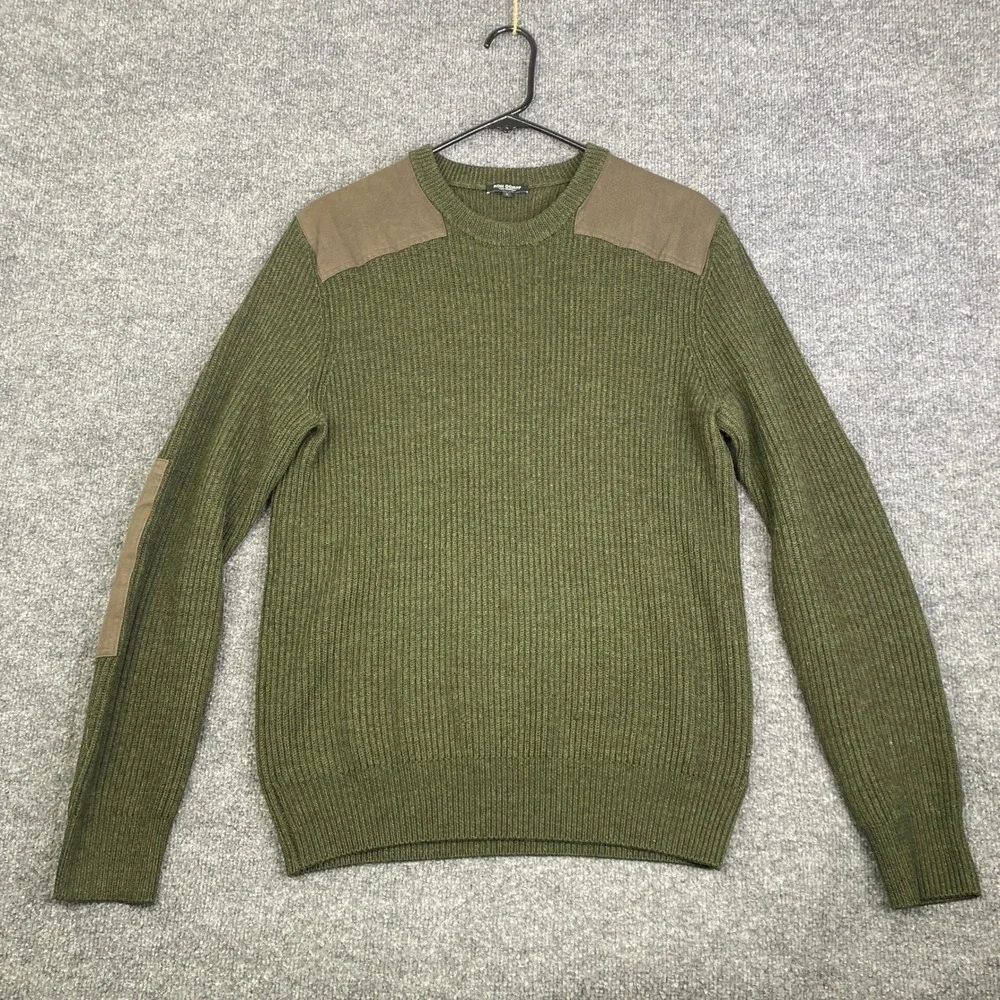Ron Dorff Mens 100% Wool Ribbed Military Sweater Olive Green Patches L 08SW1502