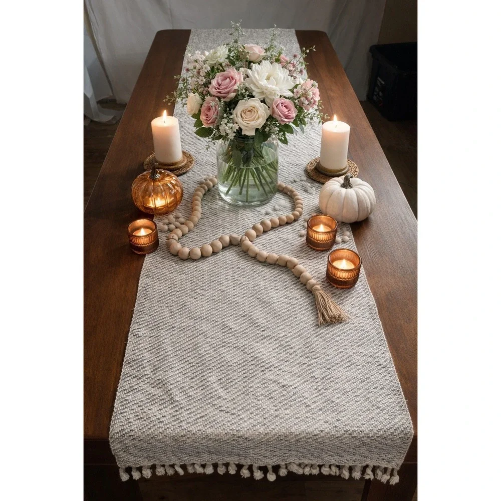 Balsam & Fir Trading Co Silver‎ Metallic Woven Table Runner Cream Tassel Fringe