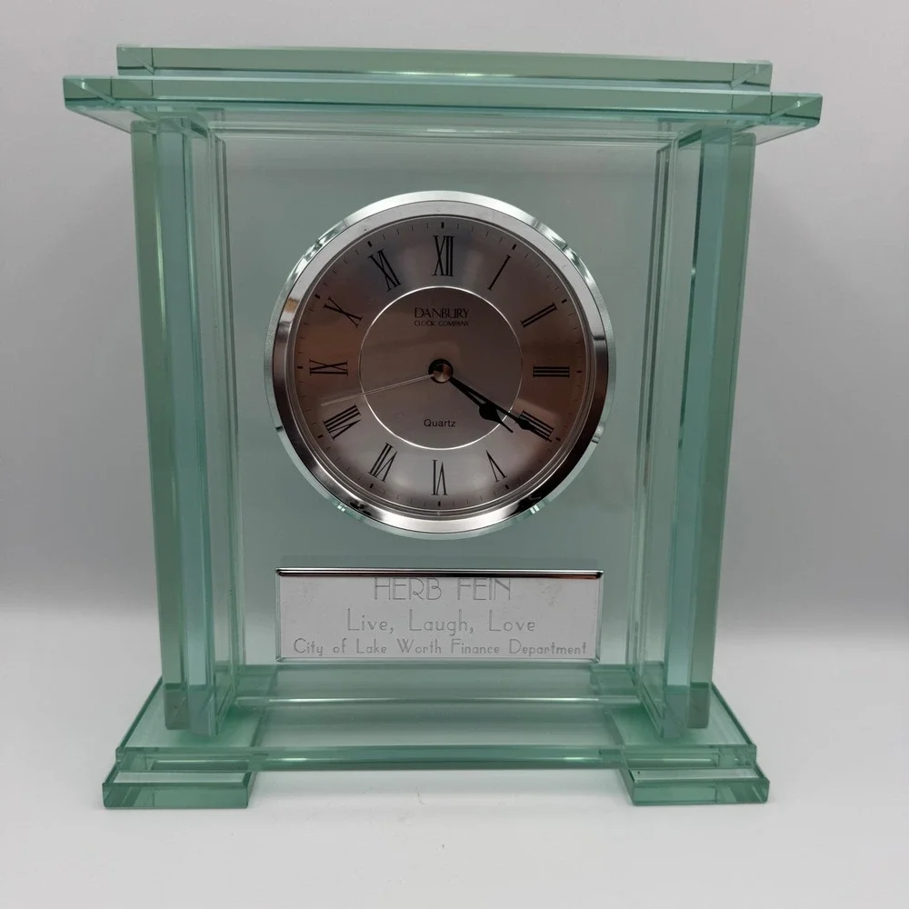 Danbury Clock Company Glass Mantel Clock‎ Quartz Desk Clock Engraved Herb Fein