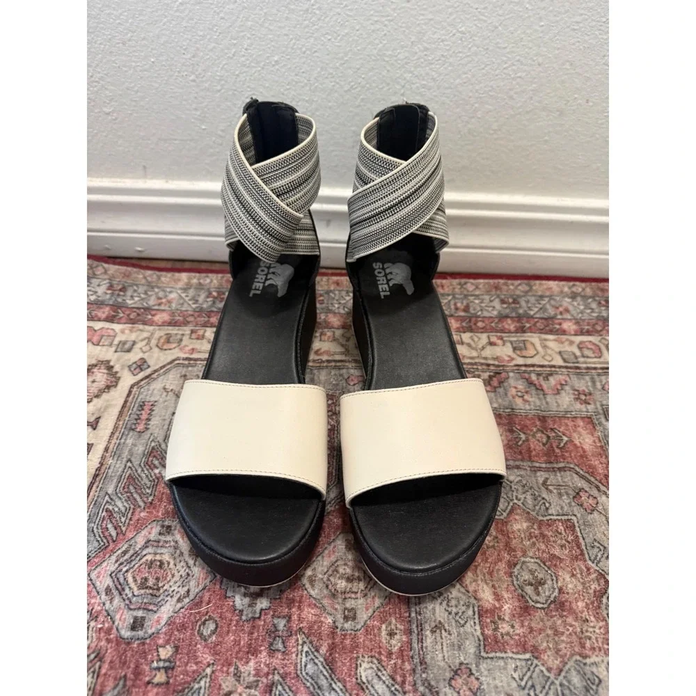Sorel Cameron Flatform Sandals Black Sea Salt Leather NL3994-010 Womens 9.5