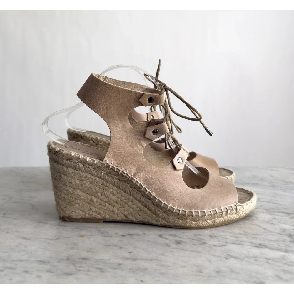 Carmen Saiz beige leather lace up espadrille wedge sandals‎ women's size 9.5