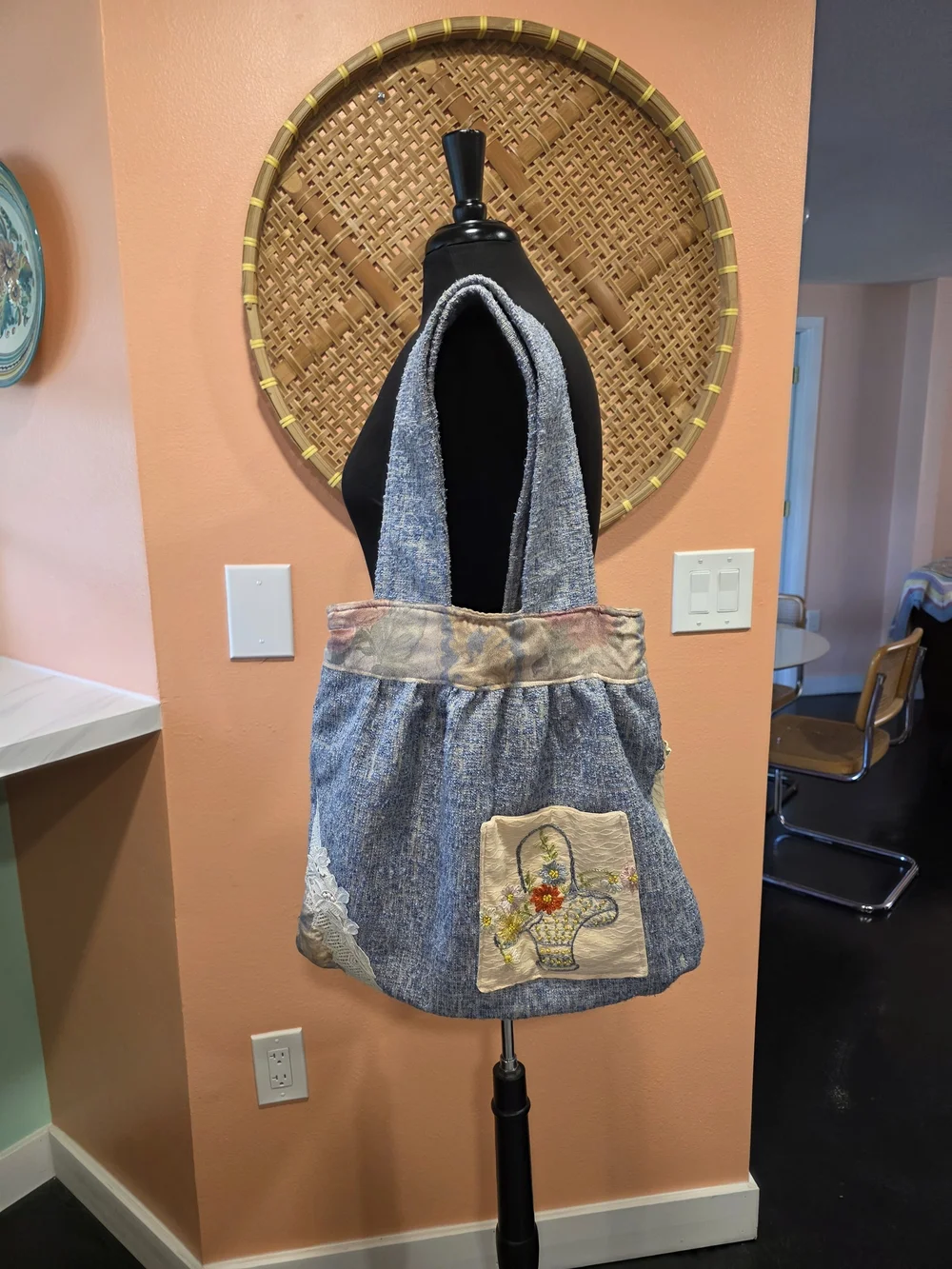 Handmade embroidered patchwork blue