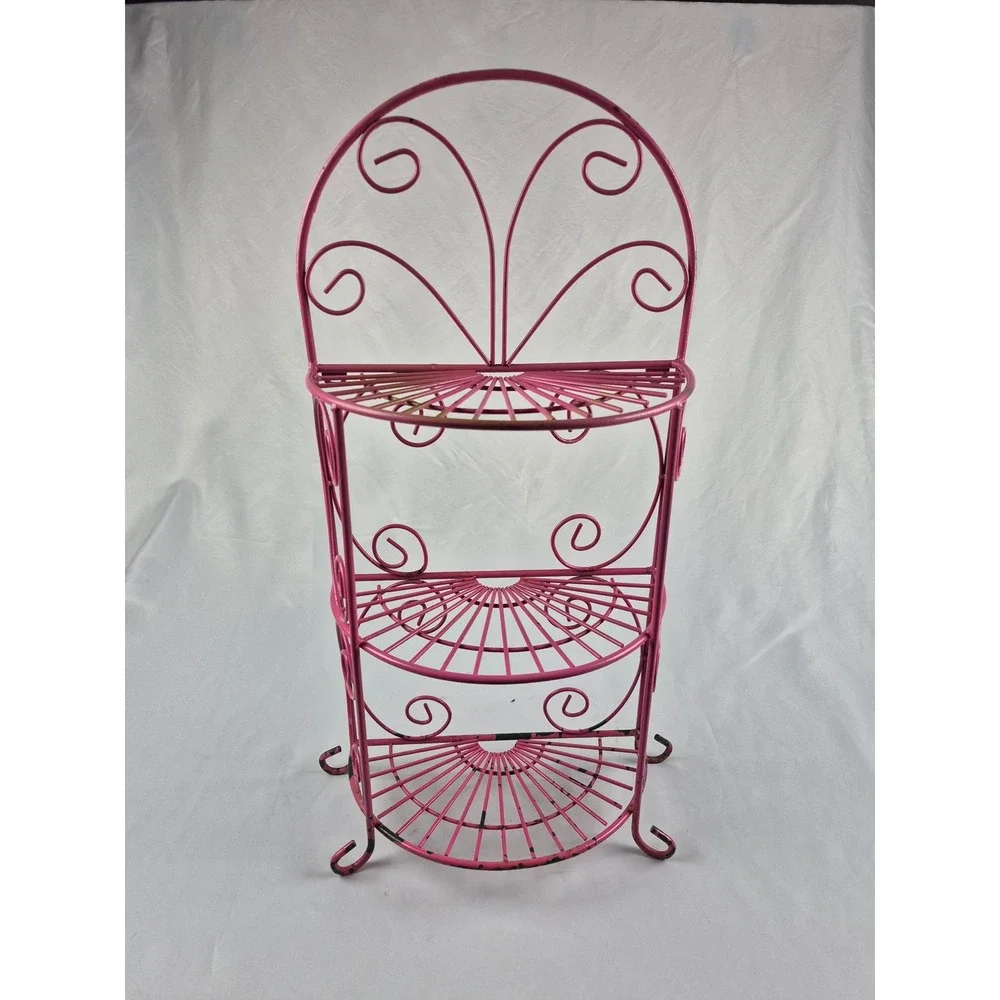 Vintage Pink Metal Wire 3 Tier Shelf Shabby Chic Scrollwork Organizer Rack
