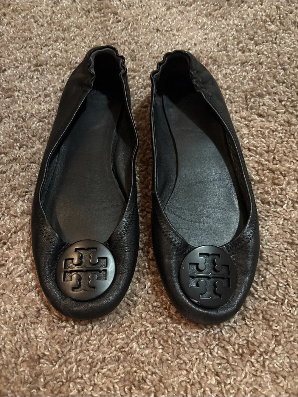 Tory Burch Black Leather Logo Ballet Flats