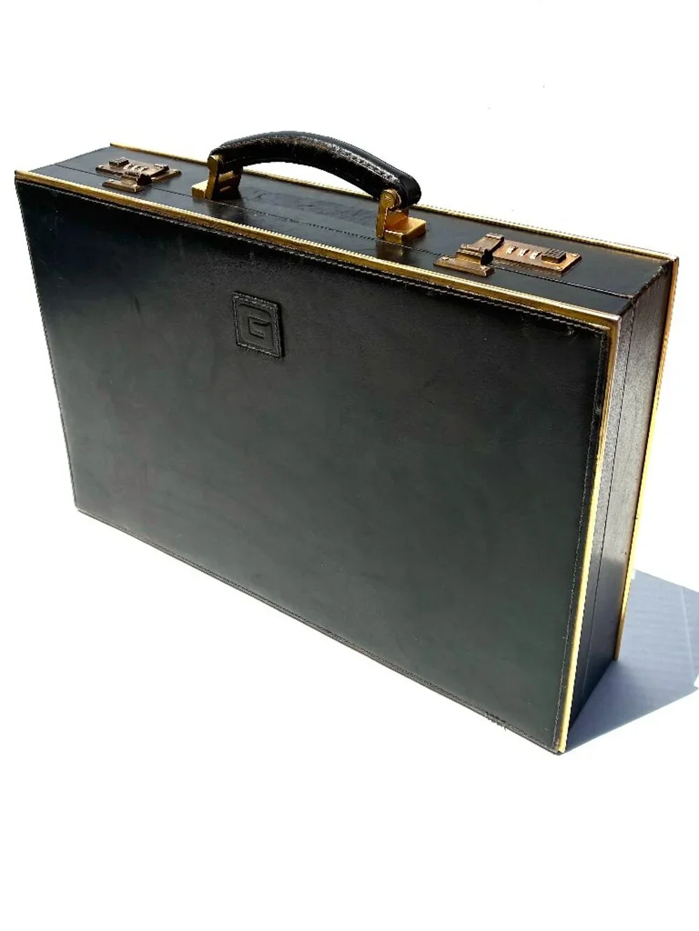 VTG Gilbarto Italian Hard-Shell Attaché Briefcase Black Leather Brass