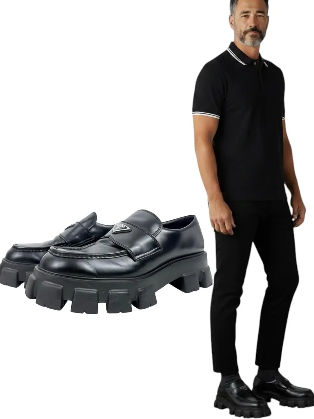 Prada Brushed Leather Monolith Triangle Logo Lug Sole Loafers Black Size 12