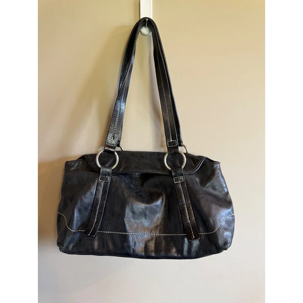 Kate Landry Black Leather Shoulder Bag Hobo Purse Silver‎ Ring Accents