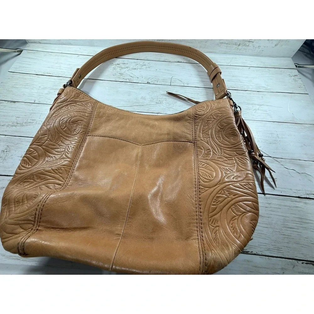 The Sak Tan‎ Leather Embossed Floral Hobo Shoulder Bag Tassel Tan Brown