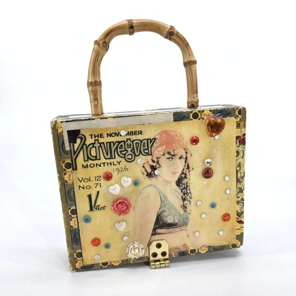 Vintage 1926 Picturegoer Magazine Wood Cigar‎ Box Purse Bamboo Top Handle