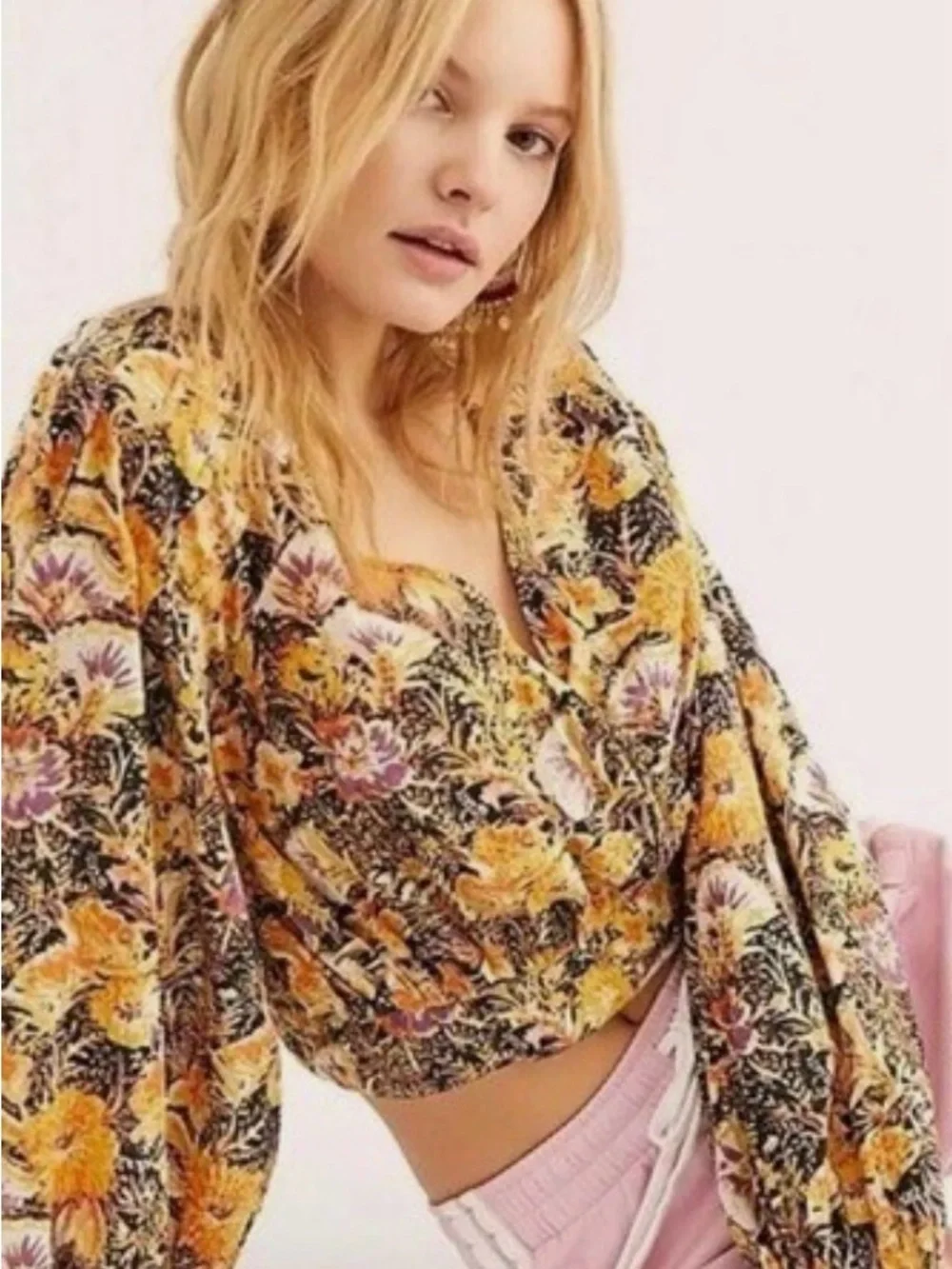 Free People Floral Tie-Front Blouse in Mustard and Purple