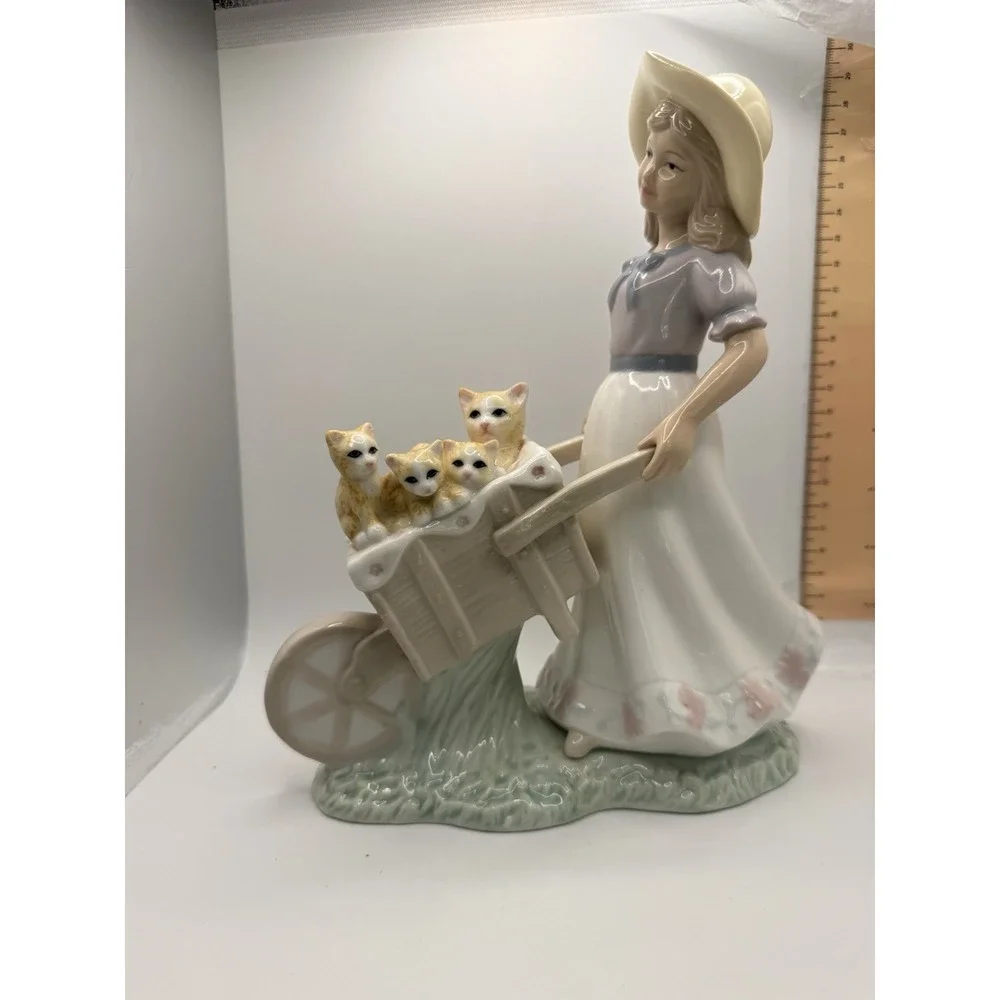 Porcelain Young Woman Girl Wheel Barrel of Kittens Cats 9