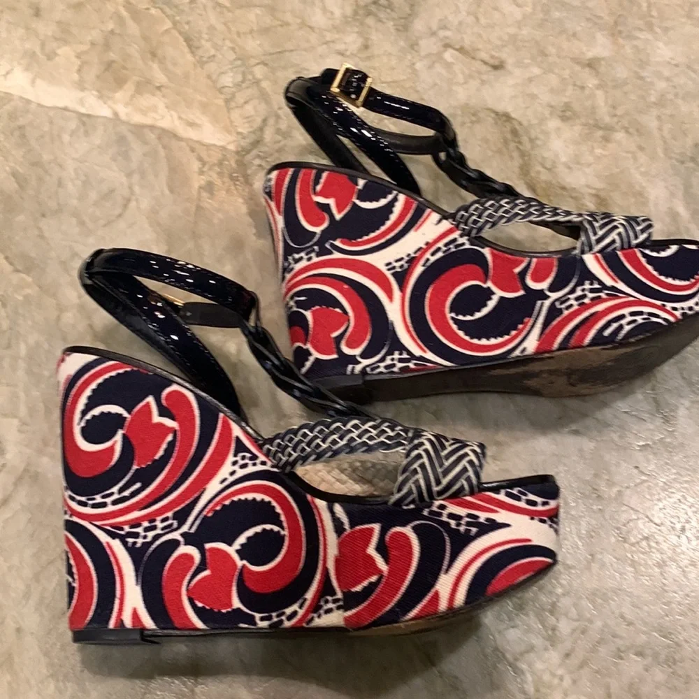 Tory Burch wedge sandals- navy and red design- 7.5