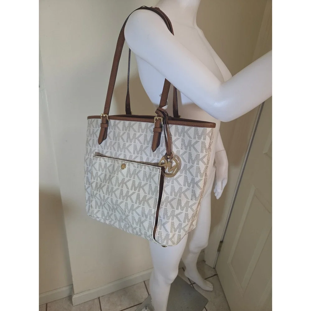 Michael Kors Voyager East West Tote Bag White MK Monogram Brown Trim