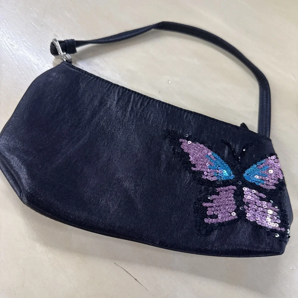 HANDBAG‎ Y2K BLACK XOXO EVENING PINK BLUE SEQUIN BUTTERFLY INSIDE POCKET ZIP TOP