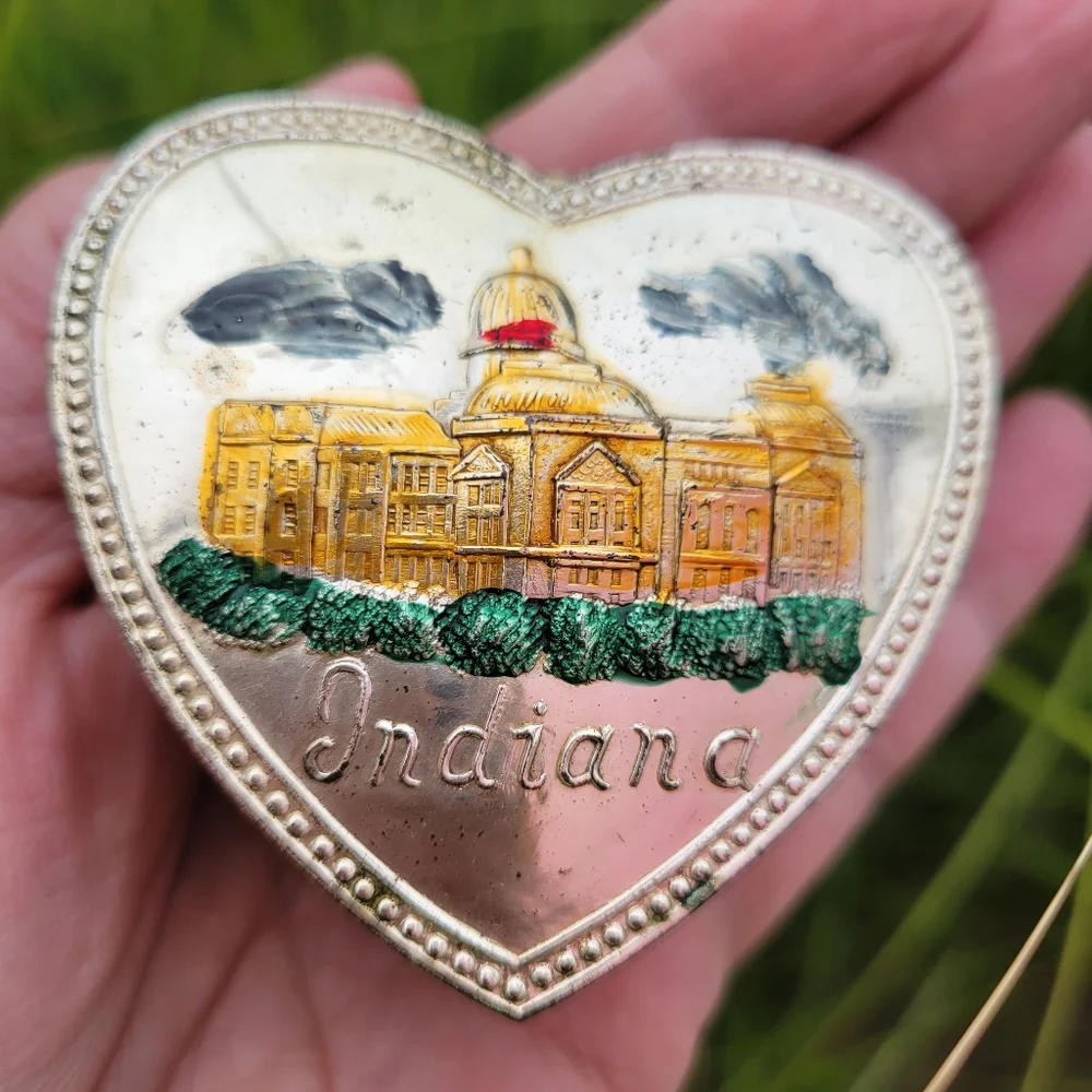 Vintage Indiana Heart Shaped Jewelry Box ~ Silvertone ~ 1960s ~