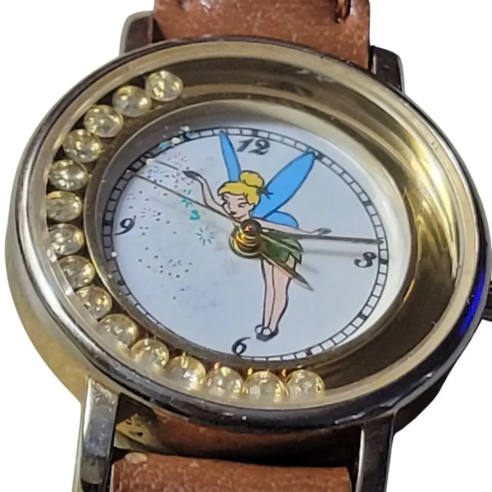 DISNEY Children's‎ Watch Tinker Bell Crystal Round Face Brown Band New Works