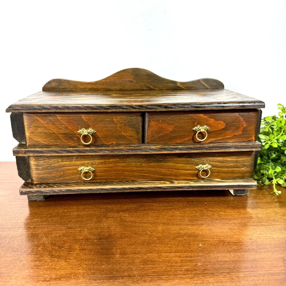 Vintage Handmade Wooden Jewelry Box 3 Drawer Red Velvet Lined Wood