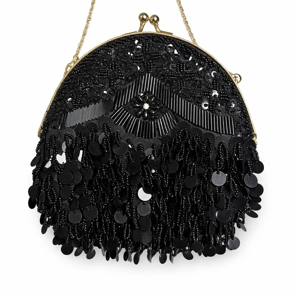 Vintage Black Beaded Sequin Fringe Clutch 90’s style