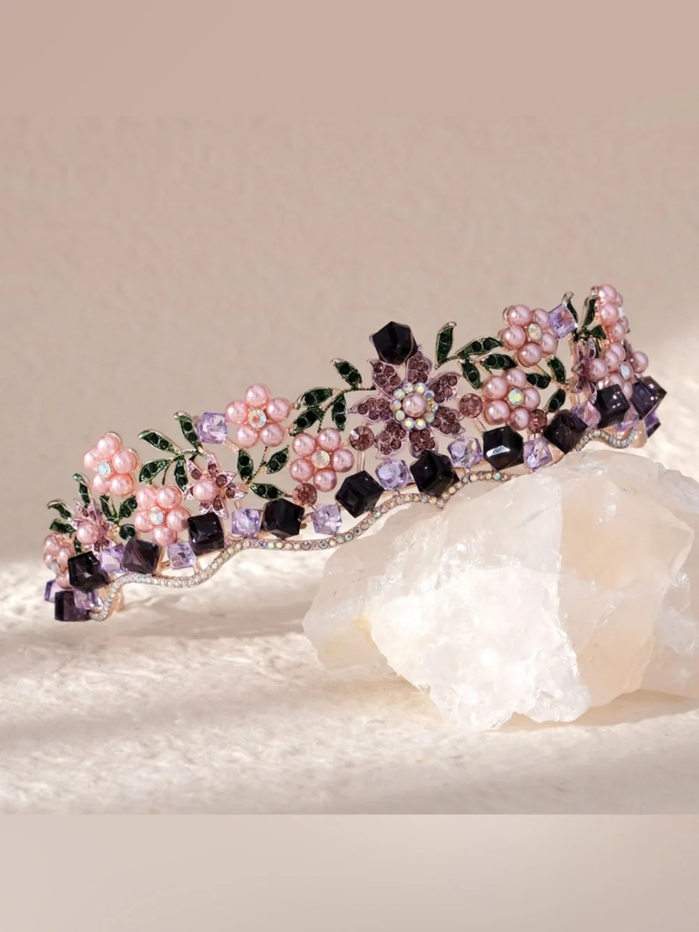 Pink & Purple Floral Crystal Tiara Headband by