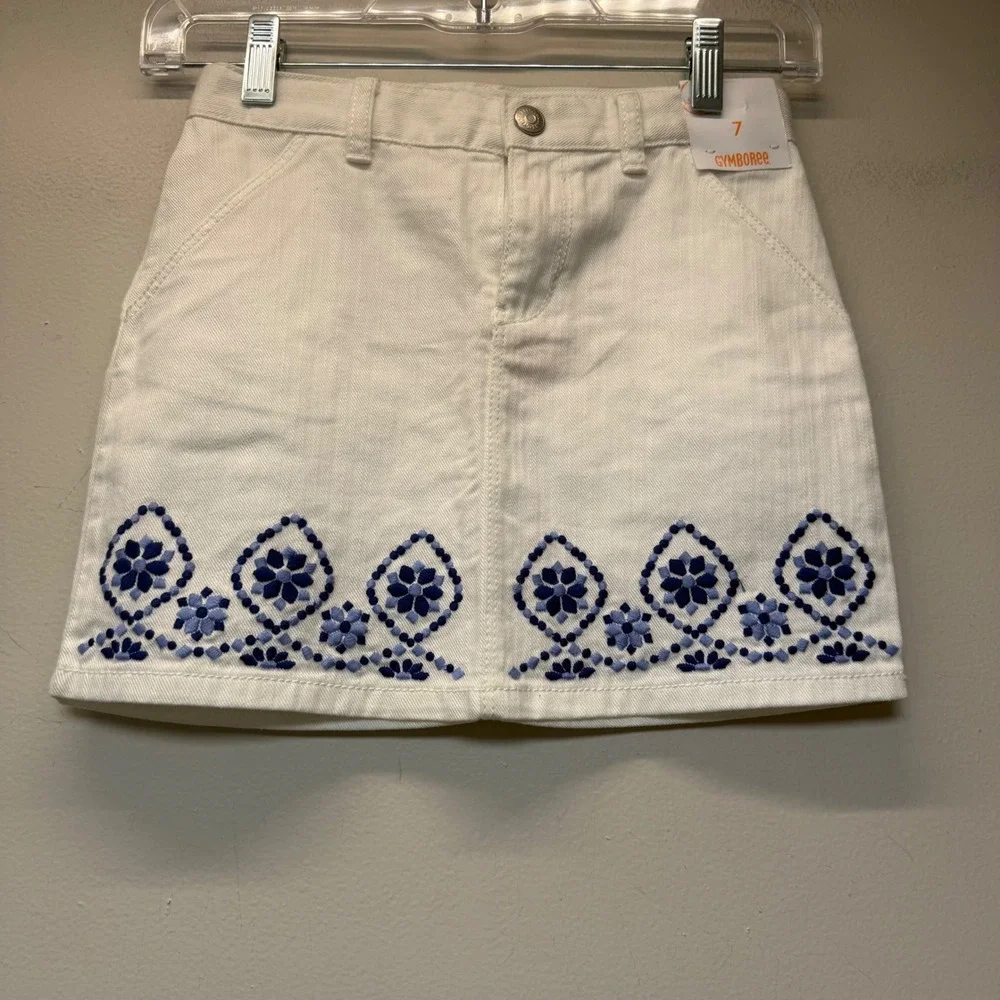 Gymboree Denim Skirt Girls 7 White Excellent Embroidered Floral Adjustable Waist