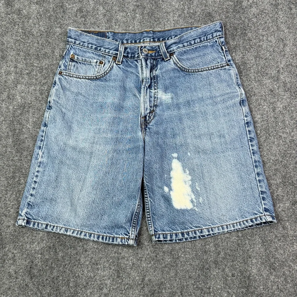 Levis 550 Jean Shorts Mens Size 33 Relaxed Fit Blue Wash Distressed Denim Y2K