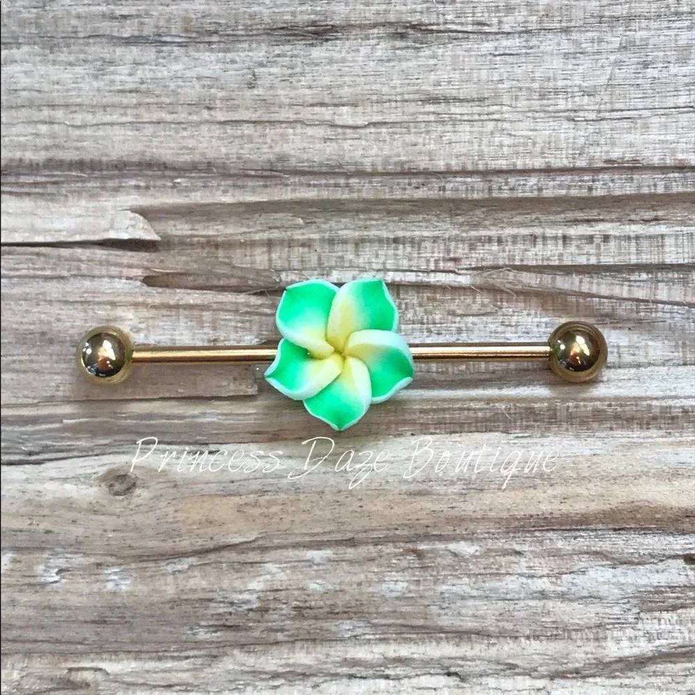 Green Hawaiian Flower Industrial‎ Barbell Earring