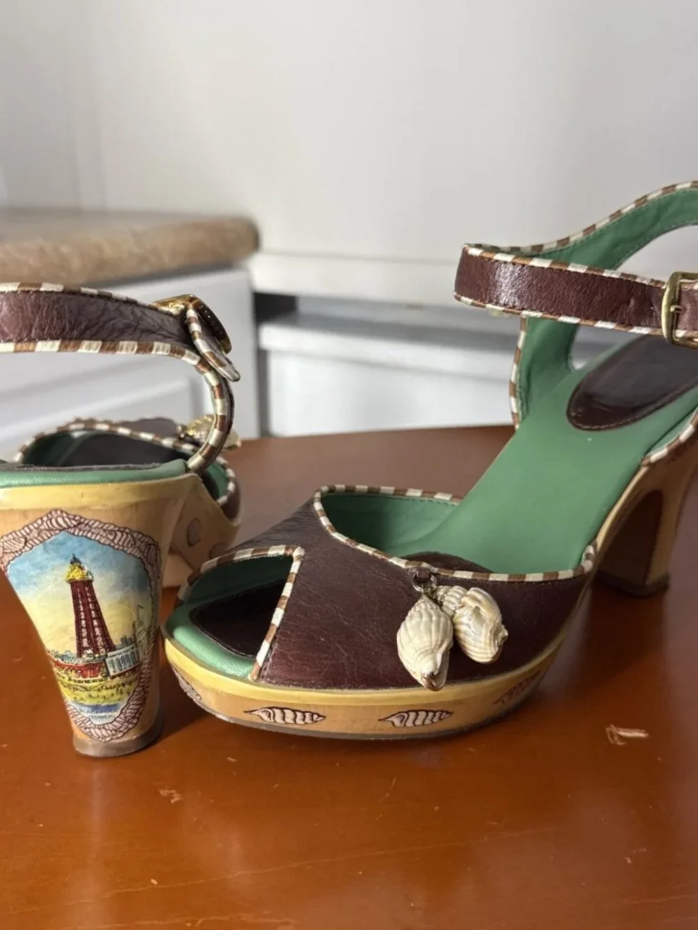 Miss L-Fire Rockabilly Brown Leather Wood Heel Platform Sandals RARE Size 6.5