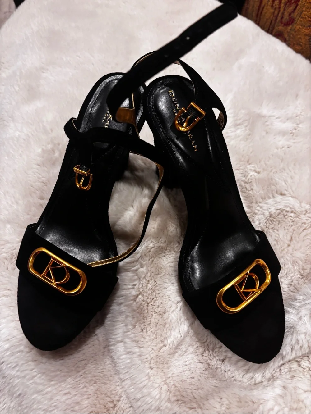 Donna Karan Black Suede Strappy Heels with Gold Hardware