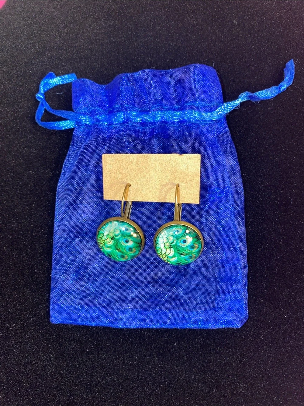 Handmade Peacock Green Blue Cabochon Dangle Earrings Brass Tone Boho Gift Bag