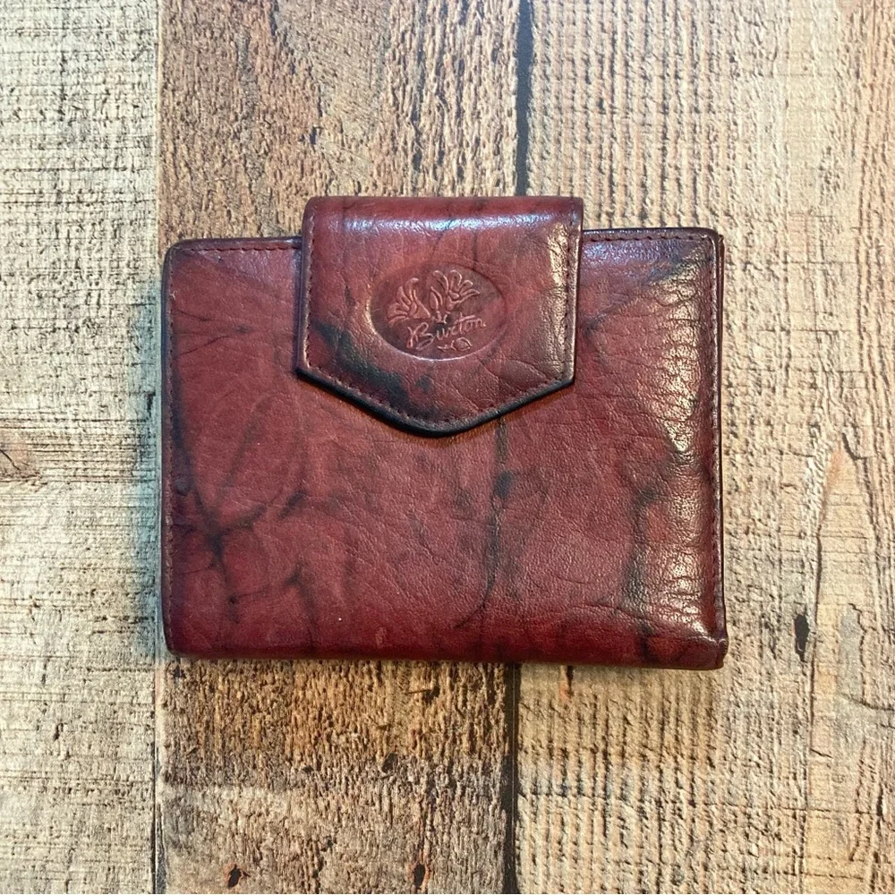 Buxton Vintage Marbled Mahogany Leather Bifold‎ Kisslock Coin Pouch Wallet
