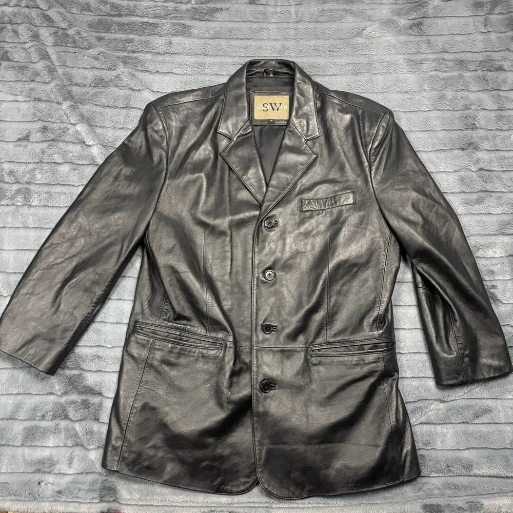 South Wind Mens Black Genuine Leather 4 Button Blazer Jacket Size M RN 92650
